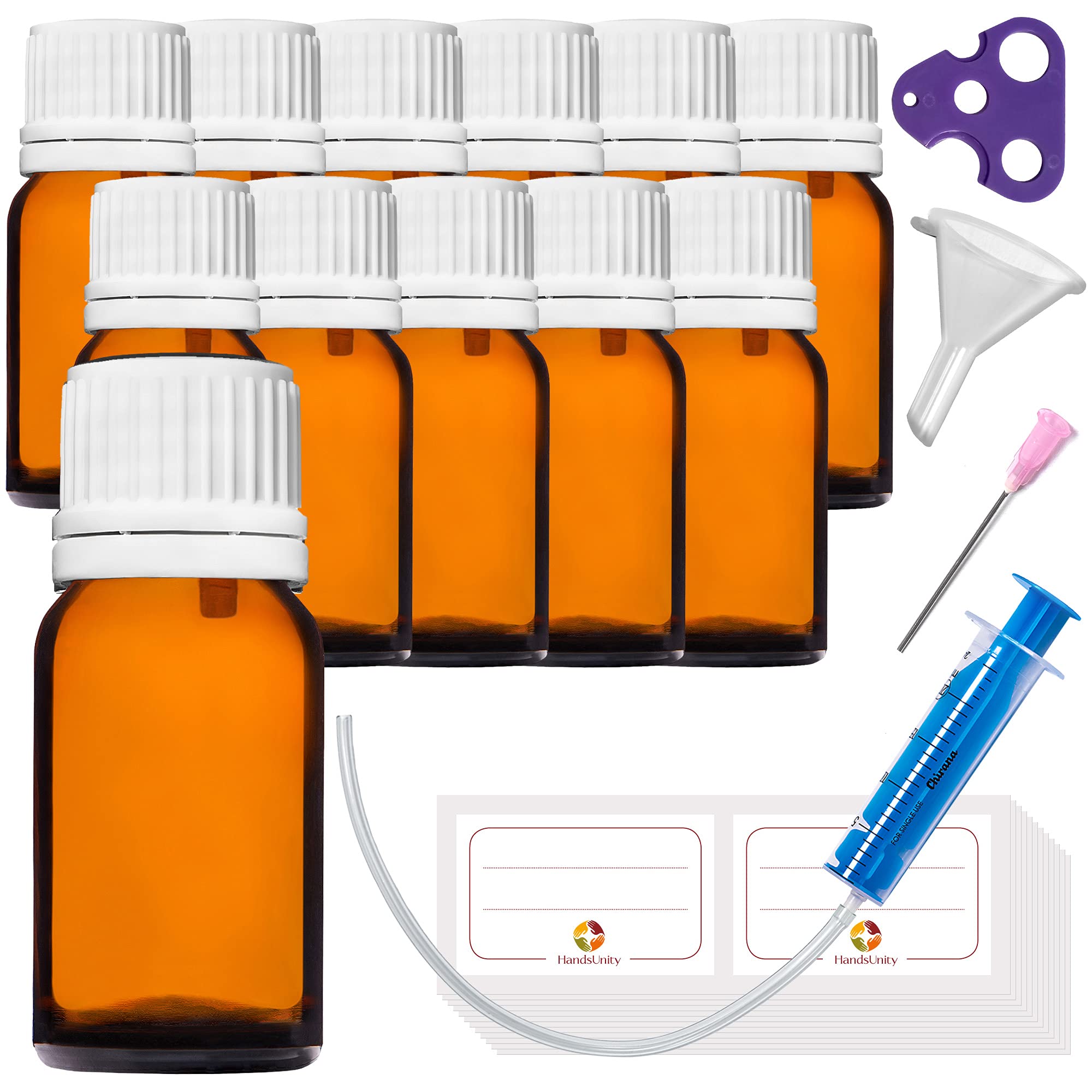 HandsUnity 10ml-12pcs Dropper Insert Bottle - Small Amber Glass Bottle Apothecary Glass with White Dropper Insert Cap made of Brown Glass set including 30 auxiliary Accessories