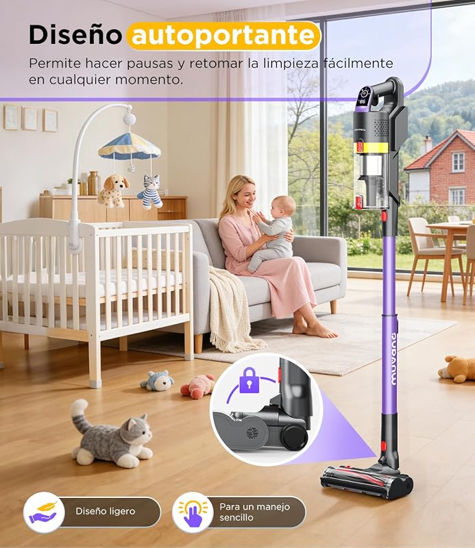 Aspiradora sin Cable Potente Succión de 45 kPa hasta 60 Minutos de Autonomía Resistente a Enredos Aspiradora Escoba Recargable con Soporte de Pared para Pelo de Mascotas y Suelos de Madera — foto 8 de 8