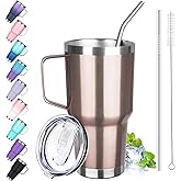 GUDEMAO 30 oz Stainless Steel Tumbler with Handle, Double Wall Vacuum Insulated Coffee Mug Tumbler with Lid and Straw, Thermal Cup for Cold and Hot (Rose Gold)