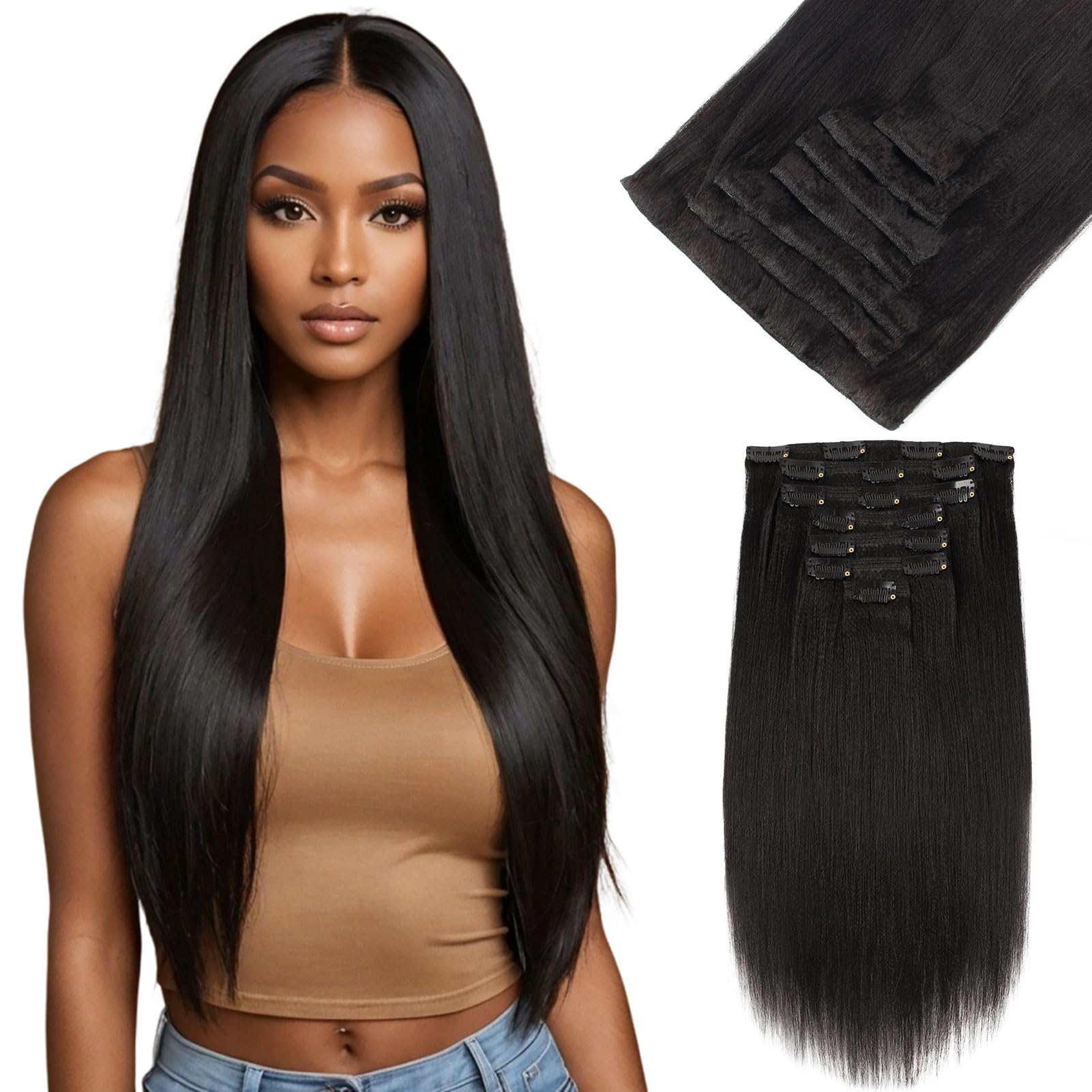 Yuniffe Yaki Straight Clip in Hair Extensions for Black Women Real Human Hair Extensions Clip ins #1B Natural Black Double Weft Remy Yaki Hair Clip ins Extensions 12 Inch 7Pcs 120g — image 1