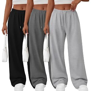 Huukeay 3 Pack Women's Baggy Sweatpants | Wide Leg Pants, Low Rise, Elastic Waist, Drawstring, Pockets, Soft, Athletic, Casua