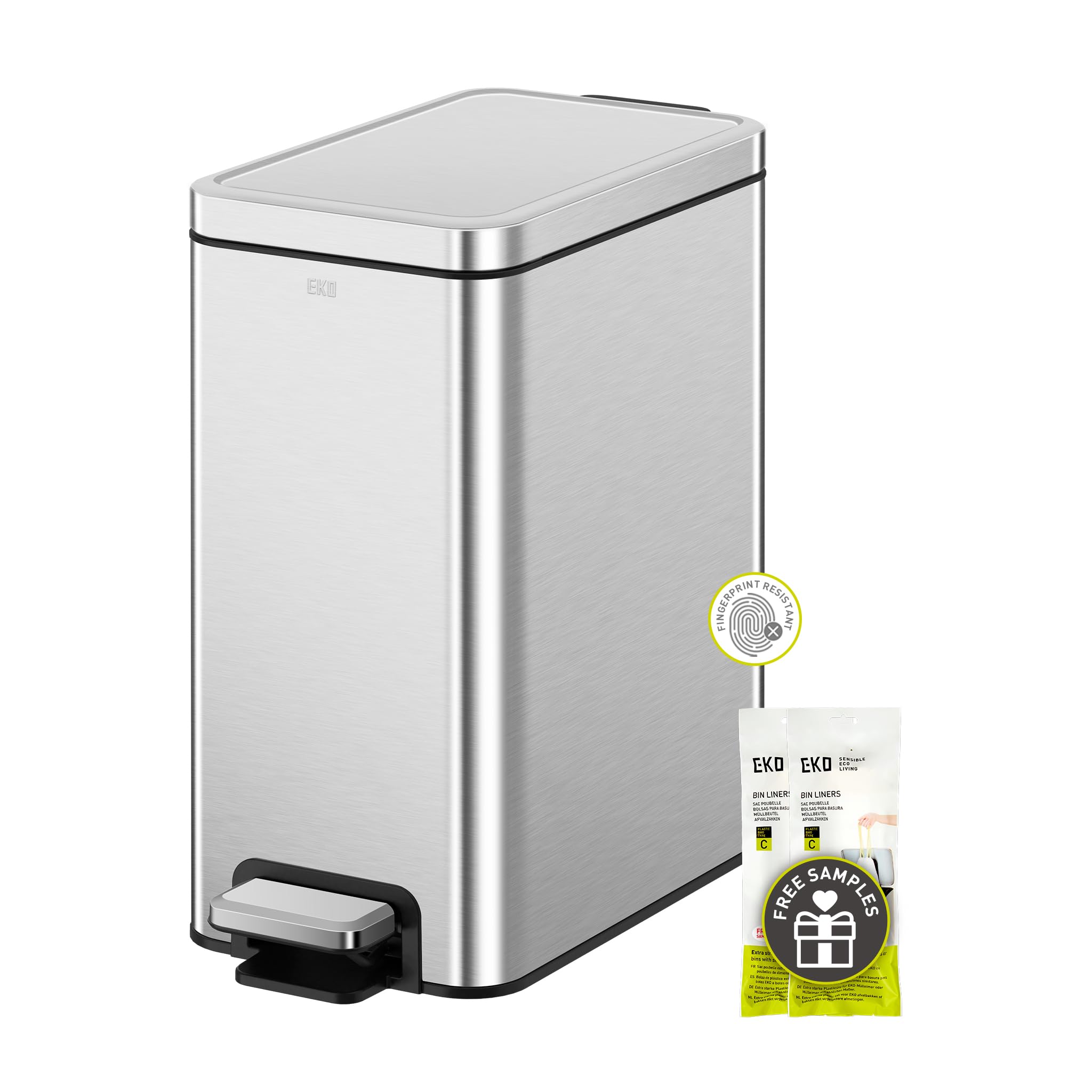 EKO Small Bathroom Trash Can with Lid Soft Close, Step Pedal, 10 Liter / 2.6 Gallon Stainless Steel Garbage Can with Removable Inner Bucket, Anti-Fingerprint Finish (Silver)