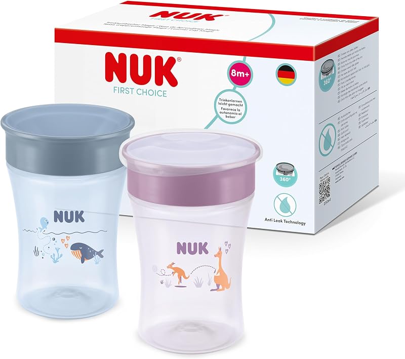 Tasse à bec NUK Magic Cup | À partir de 8 mois | 230 ml | Bord anti-fuites à 360° | Biberon pour tout-petits | Baleine et kangourou | Lot de 2