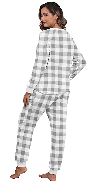 PRINSTORY FLUFFY PAJAMAS FOR WOMEN SOFT FLEECE WARM PAJAMA SET FUZZY PJS WINTER 2 PIECE FLANNEL LOUNGE SETS WITH POCKETS FP-GRAY SMALL PLAID-L