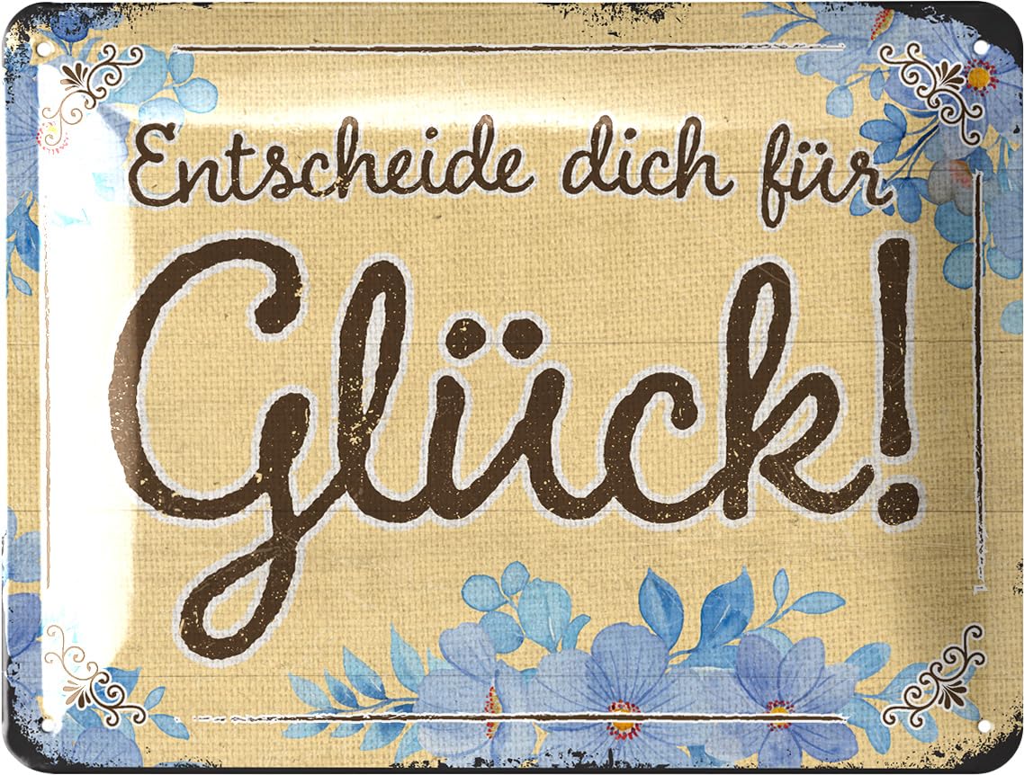 LANOLU Retro Tin Signs with Sayings Deceide Dich für Glück Vintage Metal Signs with Sayings as Wall Decoration for Kitchen and Garden Shabby Chic Decorative Farmhouse Gift in Wood Look 15 x 20 cm