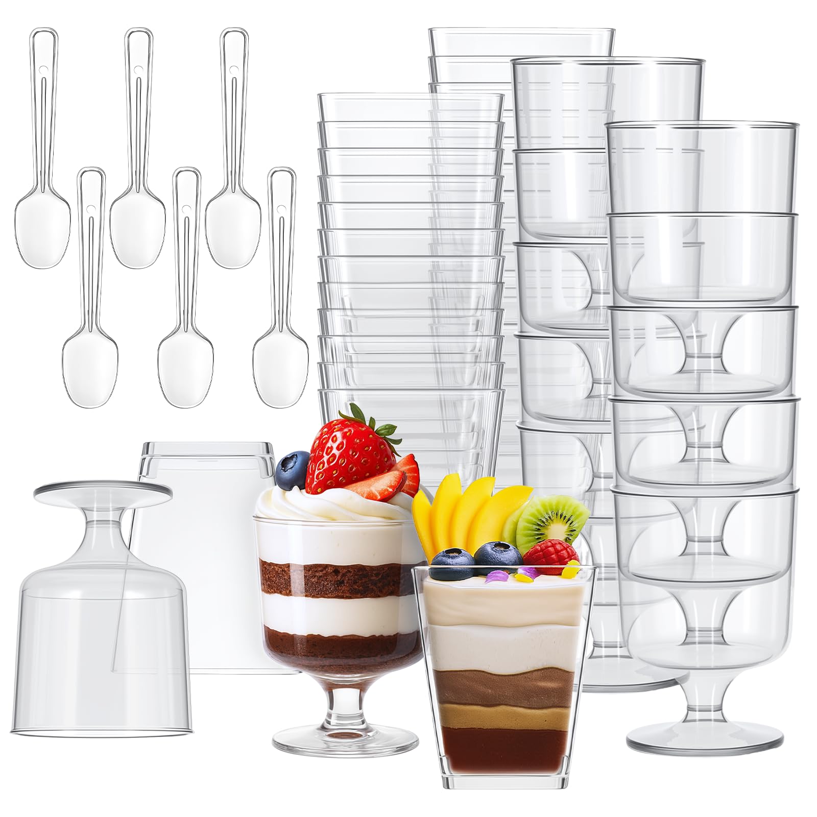 Photo 1 of *** most cups missing*** 100PCS Plastic Parfait Cups 5oz 5oz Clear Dessert Cups with Spoons Dessert Cup Square and Goblet Plastic Treat Cup Disposable for Fruit, Ice Cream, Pudding, Mousse, Appetizer Party Events Supplies