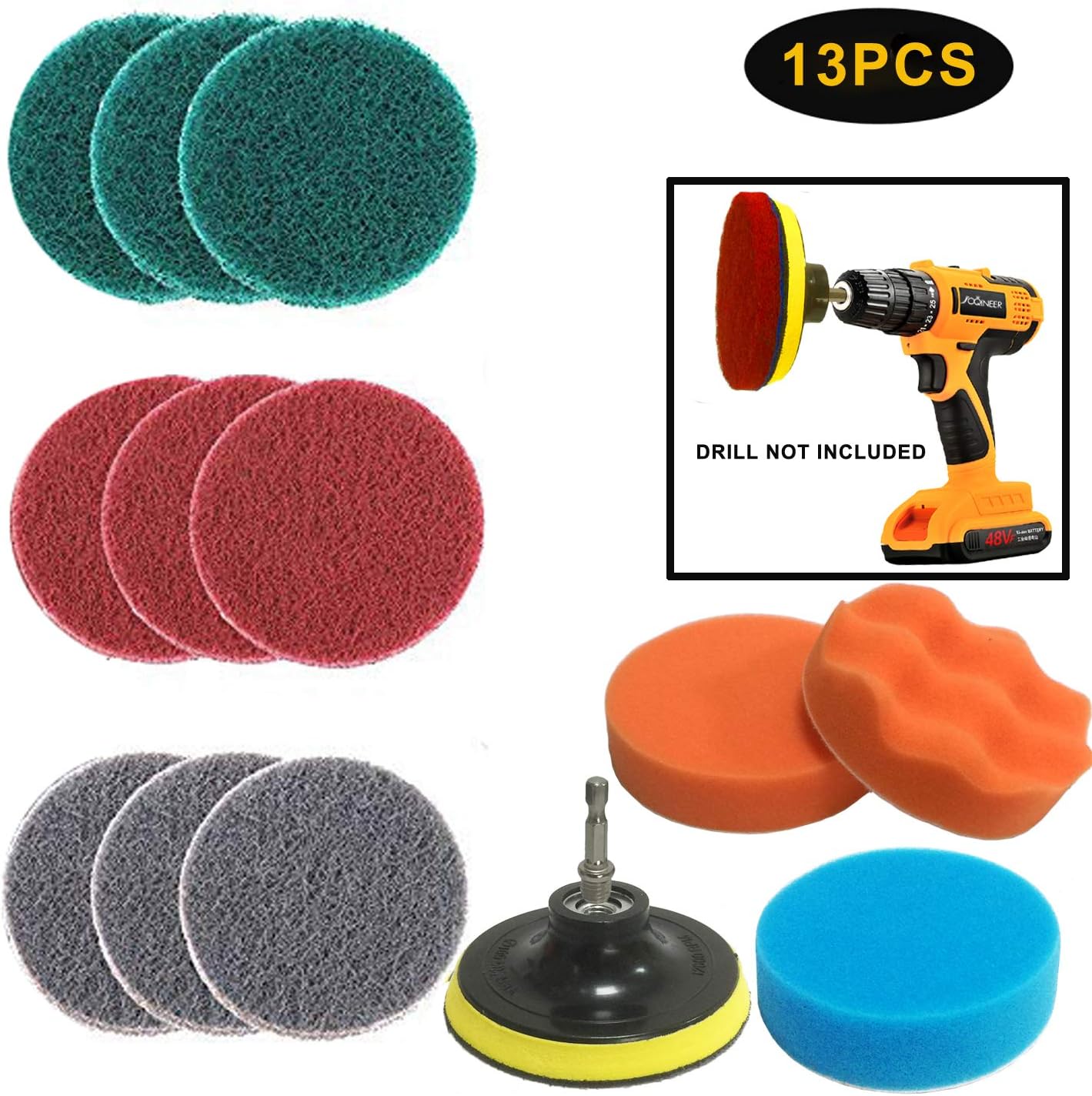 JOQINEER 13 Pieces Drill Power Scrubber Brush Scouring Pads & Sponge Cleaning Kit - All Purpose Cleaner Scrubbing Cordless Drill for Cleaning Pool Tile, Sinks, Bathtub, Ceramic, Polishing