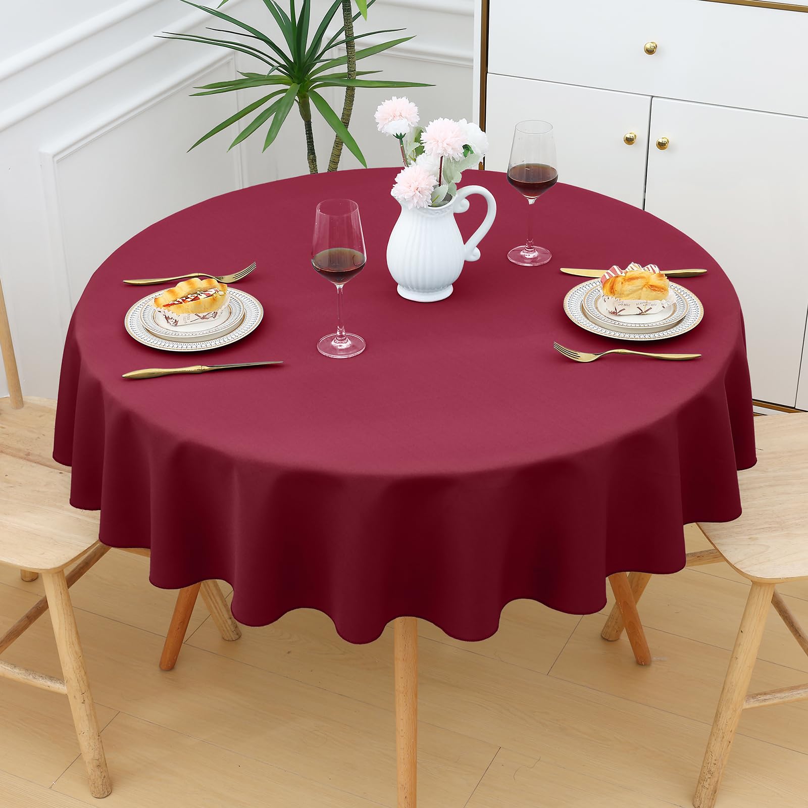 smiry Table Cloth Wipe Clean Round 150 cm, Wipeable Water Resistant Polyester Tablecloth, Washable Fabric 4 to 6 Seater Dining Table Cover for Kitchen Indoor Outdoor, Wine Red — image 1