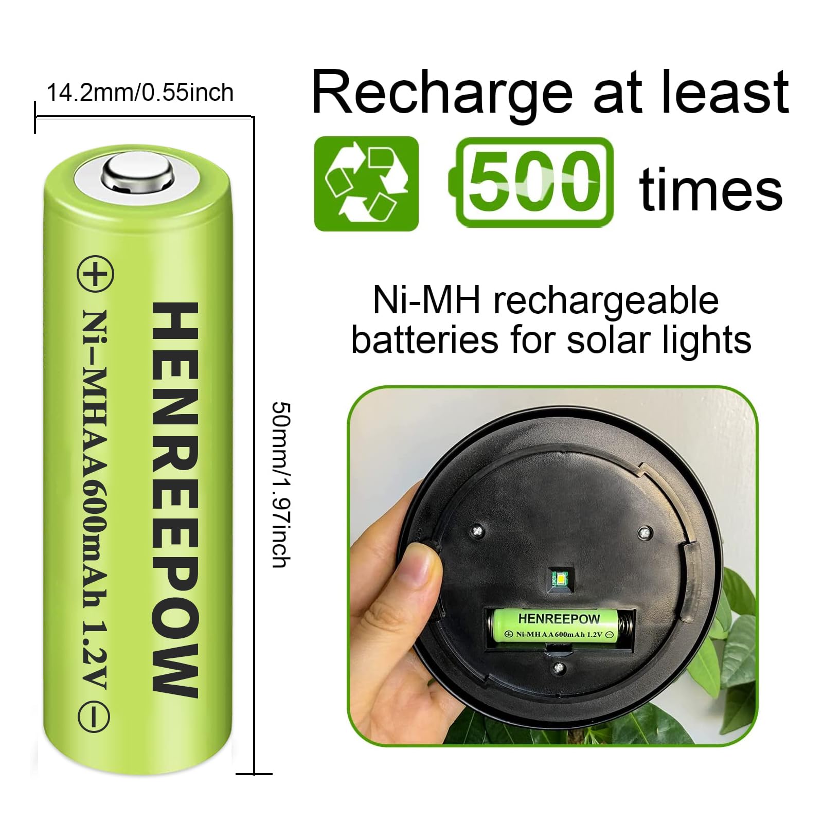 Henreepow Ni-MH AA Rechargeable Batteries, Double A High Capacity 1.2V Pre-Charged for Garden Landscaping Outdoor Solar Lights, String Lights, Pathway Light (AA-600mAh-12pack)