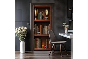Door Stickers Peel and Stick Door Decal Classic Wooden Bookshelf Antique Books Camera Trophy Removable Mural Wallpaper 30.3''