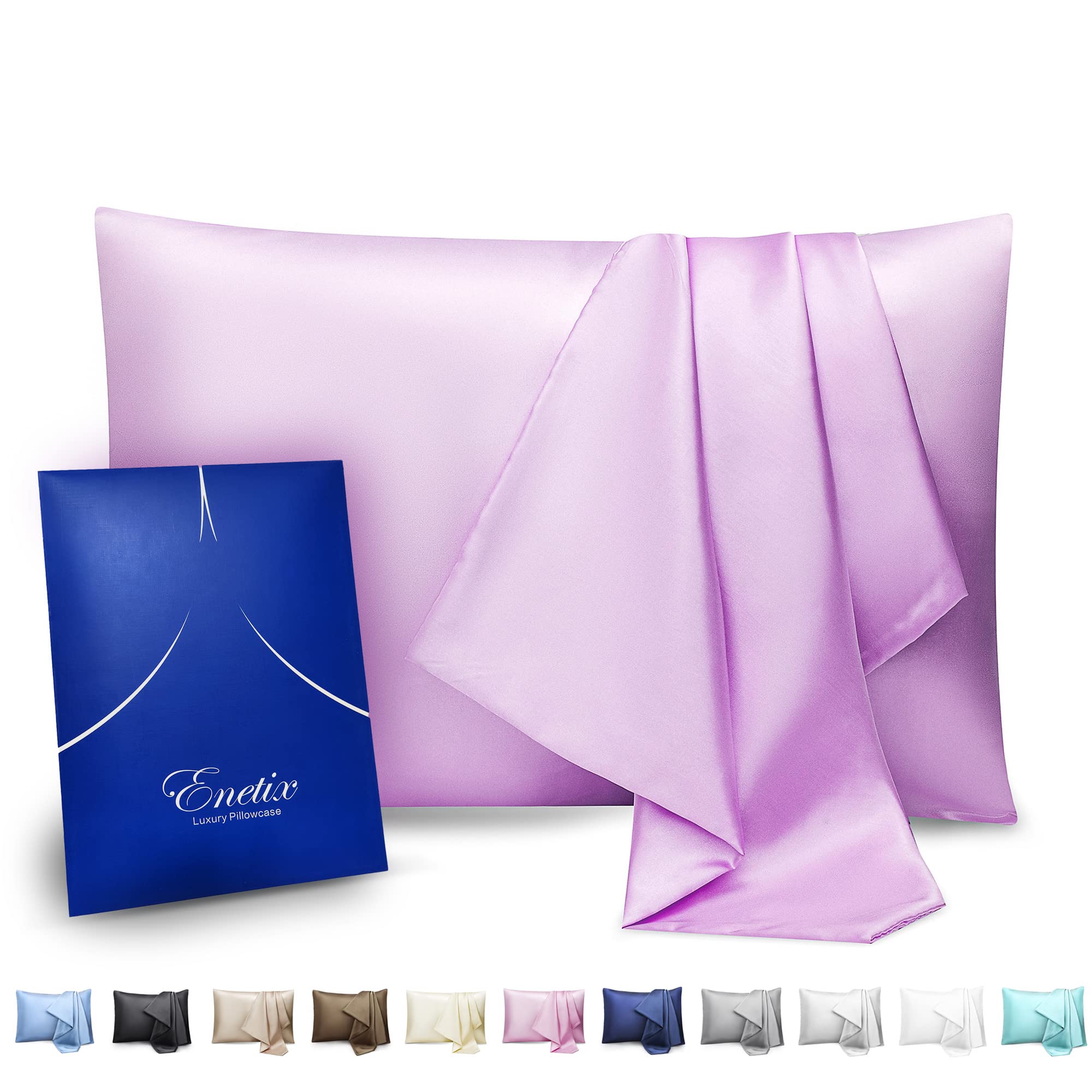 Enetix Silk Satin Pillowcase for Hair and Skin, 2-Pack with Gift Package, Acne Free Hidden Zipper Pillow Cover (Standard (50 x 75cm), Lilac)