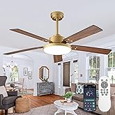 Gold Ceiling Fans with Lights and Remote, 52" Black Gold Smart Ceiling Fan with APP Control for Bedroom Living Room Patio, Di
