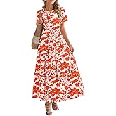 BTFBM Womens Summer Floral Maxi Dresses V Neck Short Sleeve Boho Casual Flowy Long Wedding Guest Dress Beach Vacation