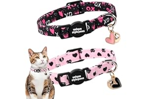 Unique style paws 2 Pack Valentine Kitten Collar Breakaway with Bell&Pendant, Adjustable Safety BlackBerry Pink Love Heart Cat Cotton Collar for Girl Boy Cat and Small Pet