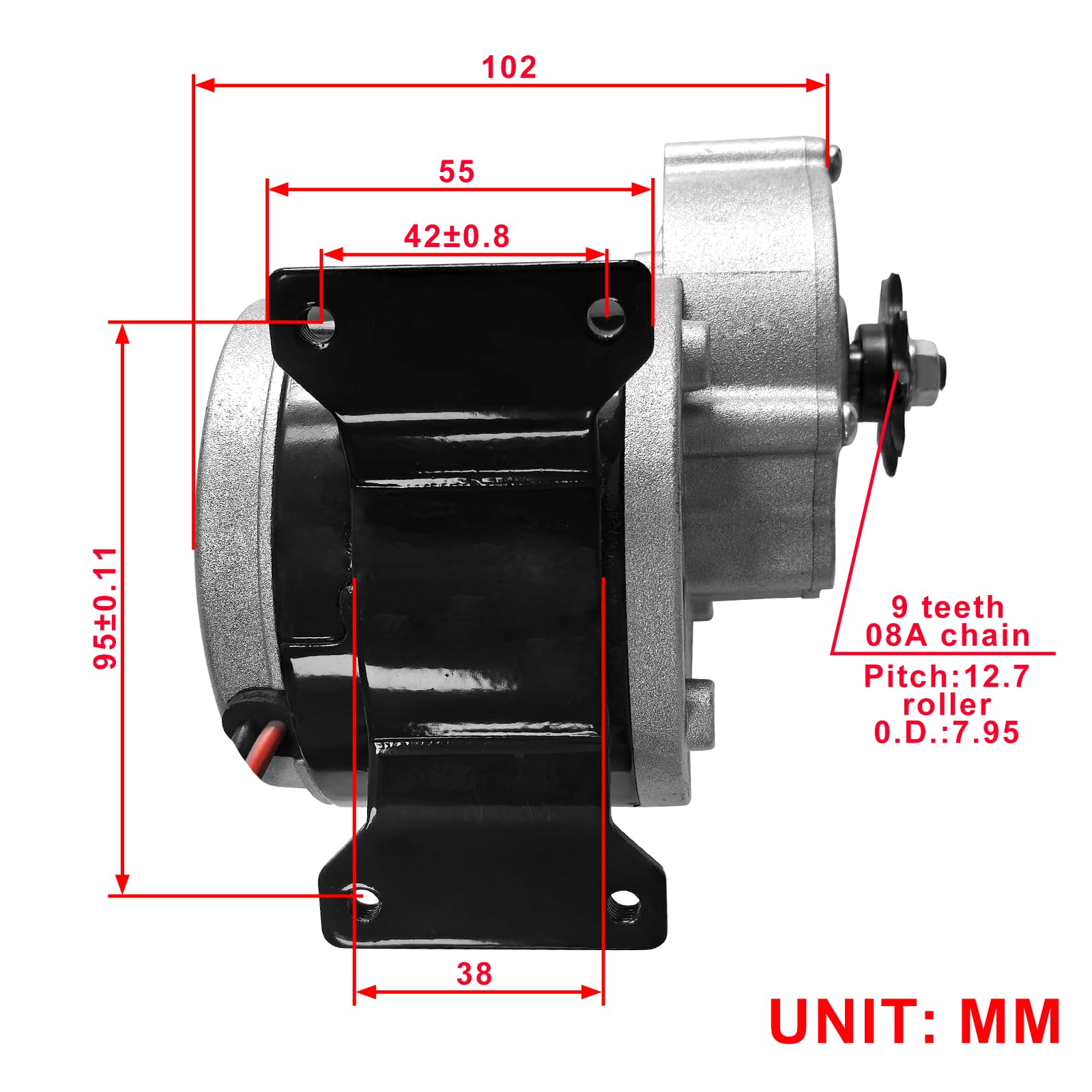 DC 12V 250W Gear Reduction Motor with 9 Tooth Sprocket, MY1016Z2 Brushed Motor for E Scooter, Electric Wheelchairs, Motorcycles, Massagers and Mowers