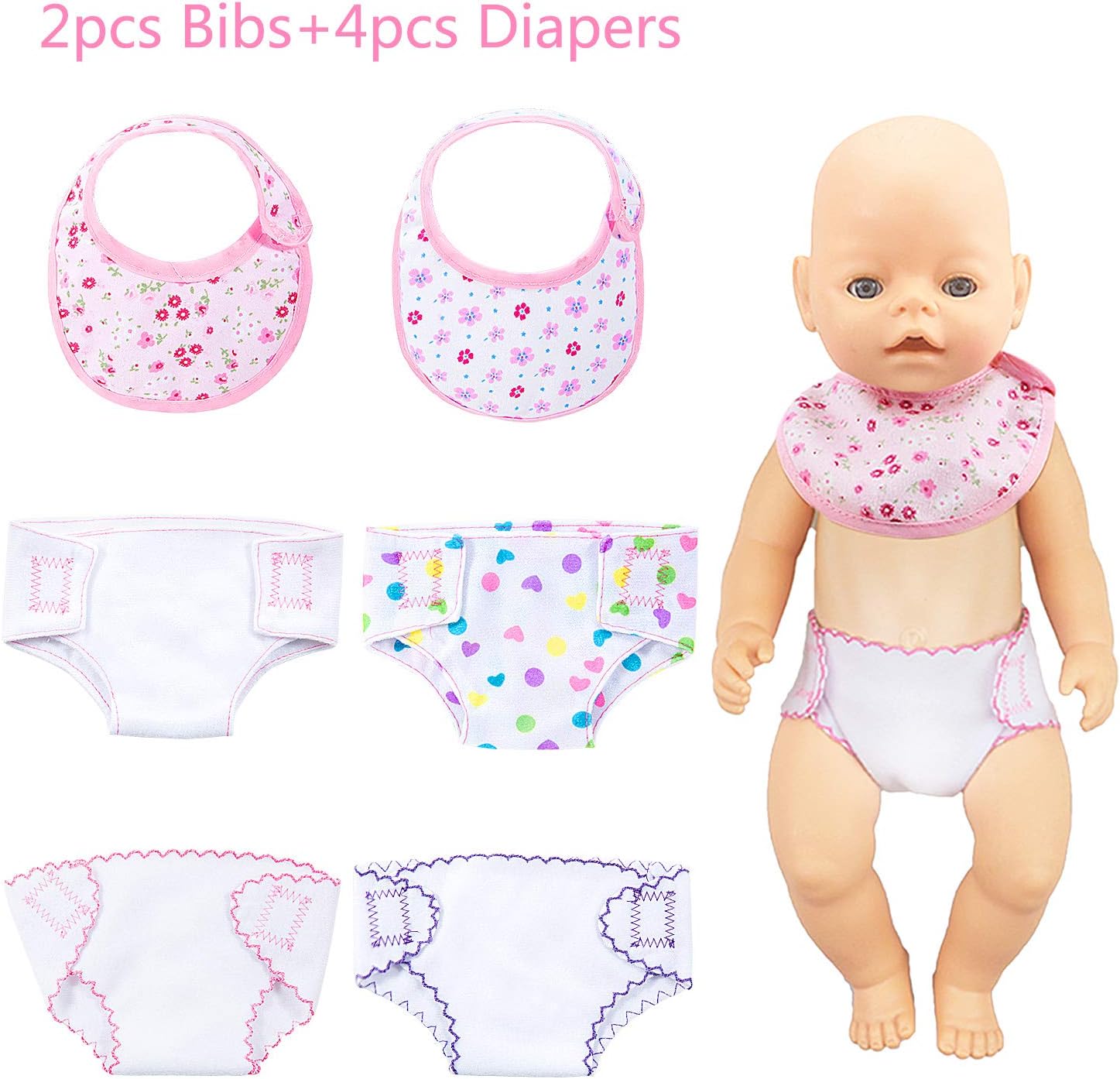 Diealles Shine 4 Pieces Baby Doll Nappies and 2 Pieces Baby Doll Bibs