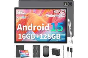 Suicoey Android 15 Tablet with Keyboard - 10 inch Tablet, 16GB+128GB, 1TB Expand, Octa-Core, 2.4G/5G WiFi, 8000mAh, BT V5.0, GMS, Widevine L1, Split-Screen, with Case, Mouse, Stylus(Black Case)