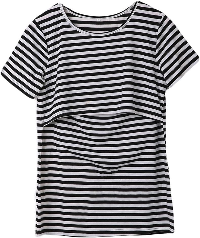 Women Breastfeeding Shirt Striped Patchwork Short Sleeve Maternity Breastfeeding and Nursing Tops (Black, XXL)