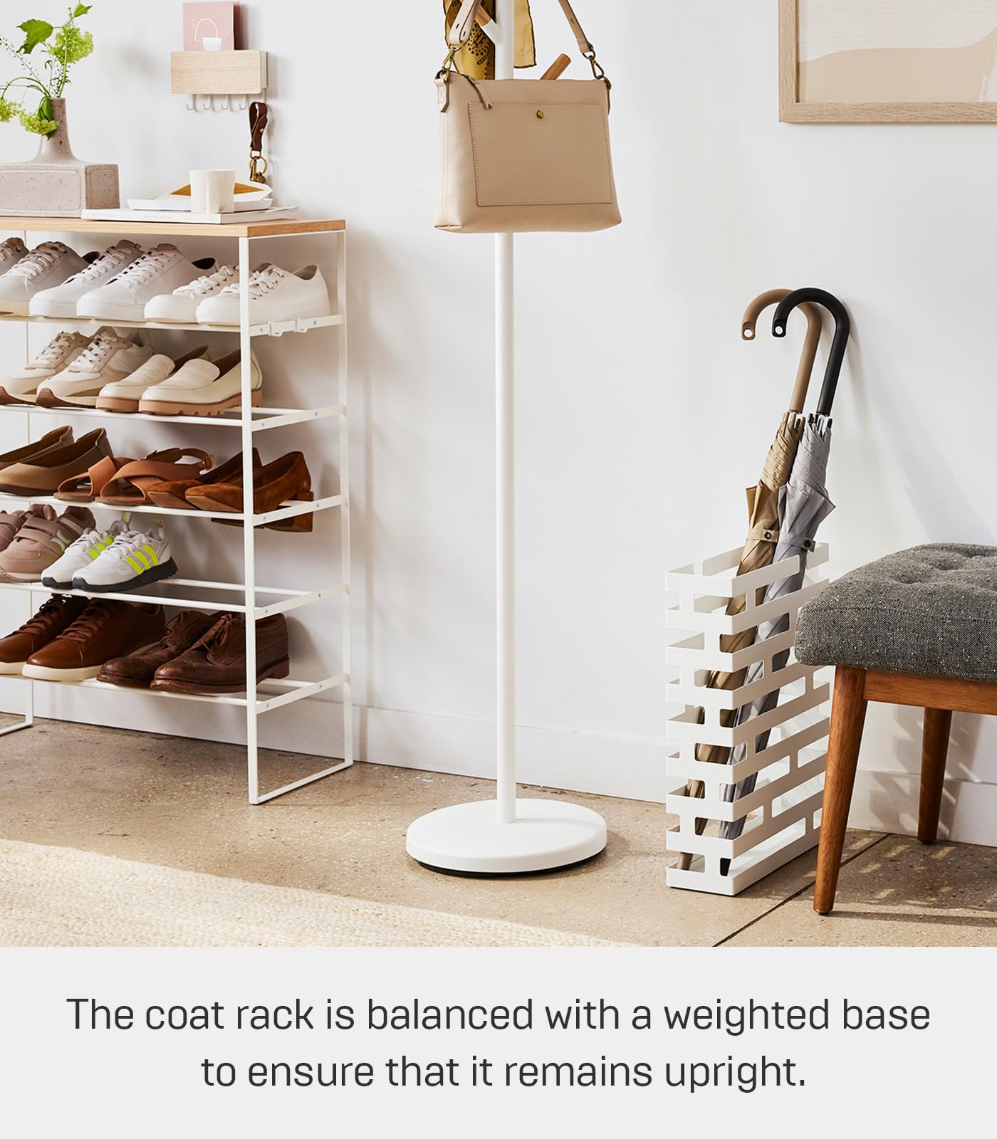 Yamazaki Home Freestanding Coat Hanger Rack with Wooden Hooks, Space Saving Steel One Size White