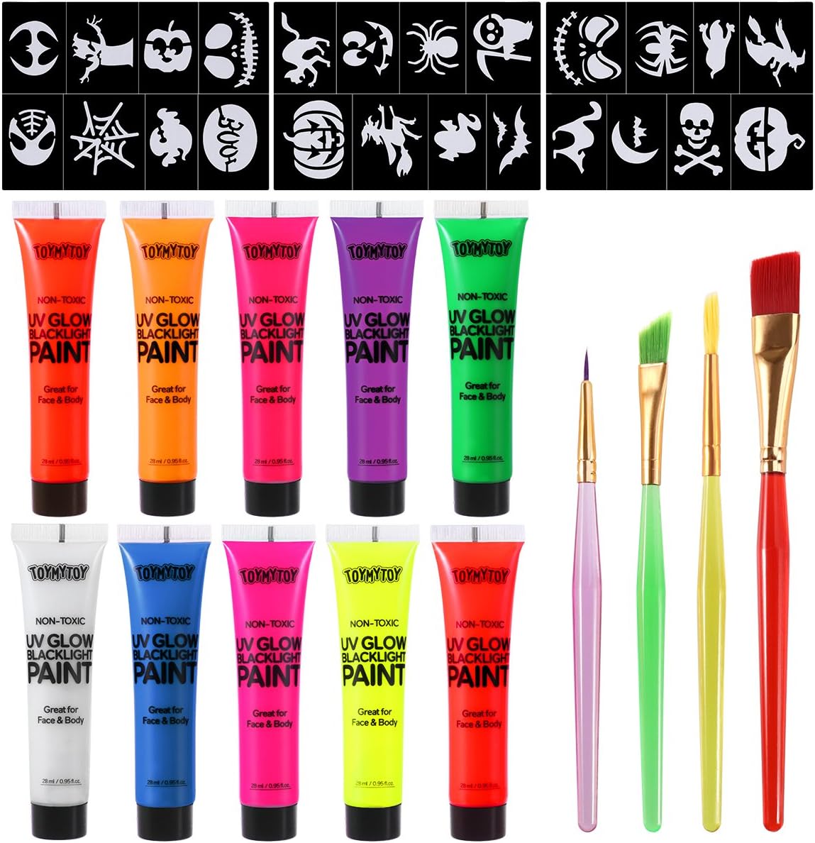 TOYMYTOY Face and Body Paint Glow in the Dark Black Light Paint Brushes Stickers Halloween Makeup