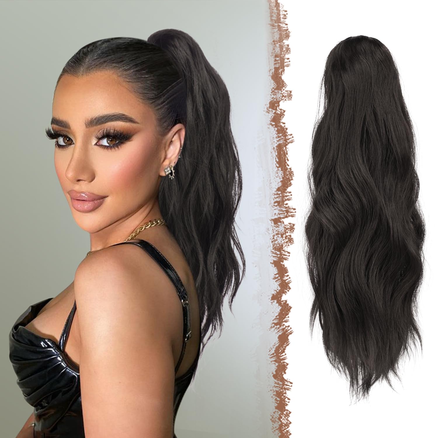 FESHFEN Ponytail Extensions, Long Claw Clip in Ponytail Hairpiece Synthetic Natural Black Pony Tails Hair Piece Ponytail with Claw Clip Natural Wavy Hairpieces for Women, 20 inch — image 1