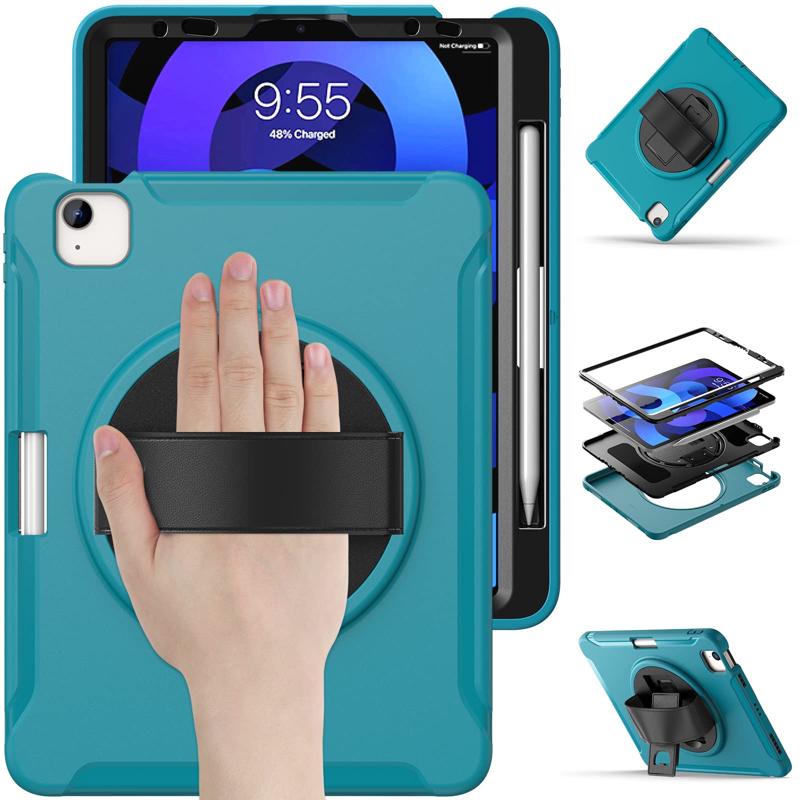 iPad Air 5th/4th Generation Case: iPad Air 5/4 Case 10.9 Inch (2022/2020), Military Grade 15ft Drop Tested Shockproof Protective Cover W/Pencil Holder - Stand - Handle - Shoulder Strap