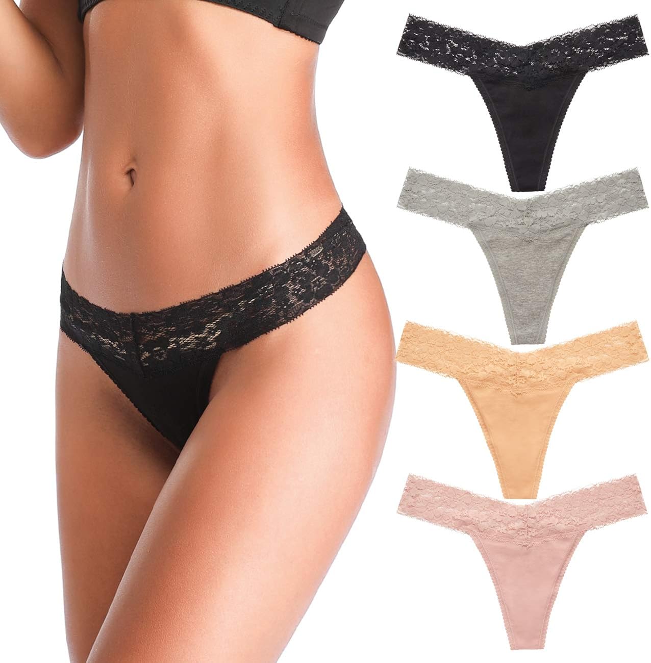Women's Thongs, T Back Low Waist See Through Panties Cotton Seamless Lace Thongs for Women: Clothing
