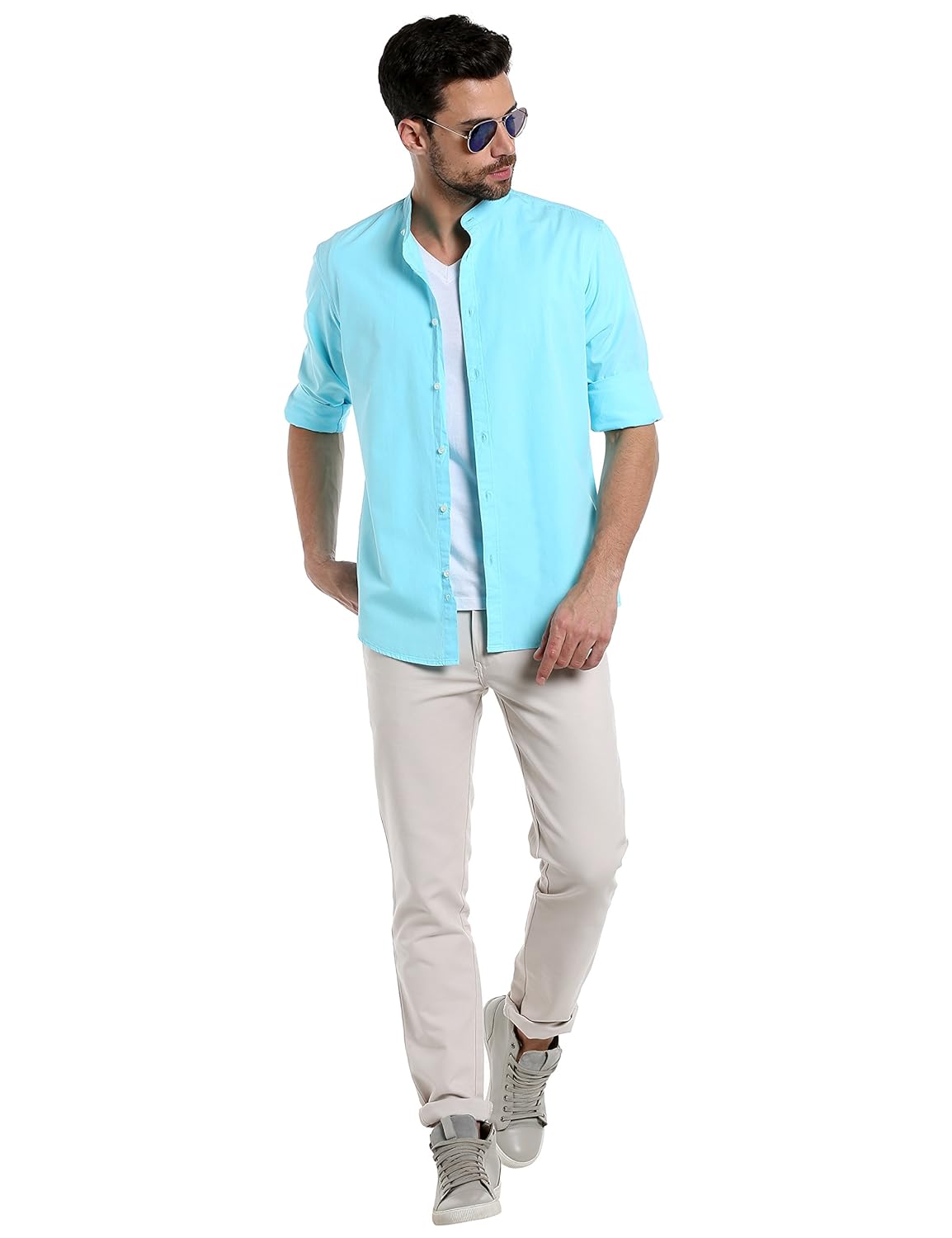 dennis lingo men's solid chinese collar tblue casual shirt
