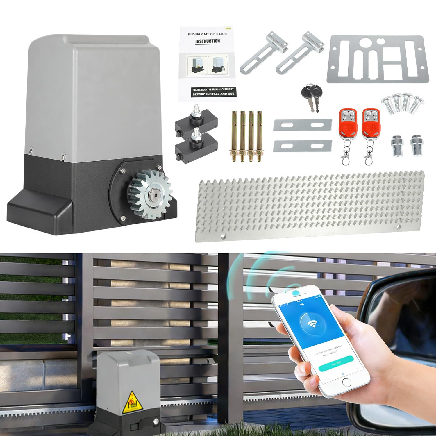 Joparri 800kg 370W Smart WiFi Kit Automazione Cancello Scorrevole, Motore Cancello Scorrevole per Porte Fino a 12 m, con 2 Telecomandi, Cremagliera da 4 m e 2 chiavi