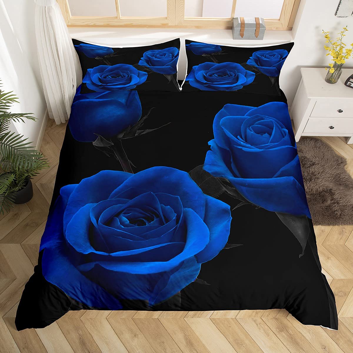 3D Rose Duvet Cover Rose Floral Bouquet Bedding Set for Kids Boys Girls Teens Elegant Royal Blue Romantic Flower Comforter Cover Valentine's Day Gift Bedding & Linen 2Pcs Zipper Single Size