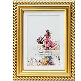 Wontree 5x7 Picture Frame Ornate in Gold with Rope Trim, Solid Wood with Real Glass, Display 5x7 Photo Matted to 4x6, Vertical and Horizontal for Desk Tabletop or Wall Hanging