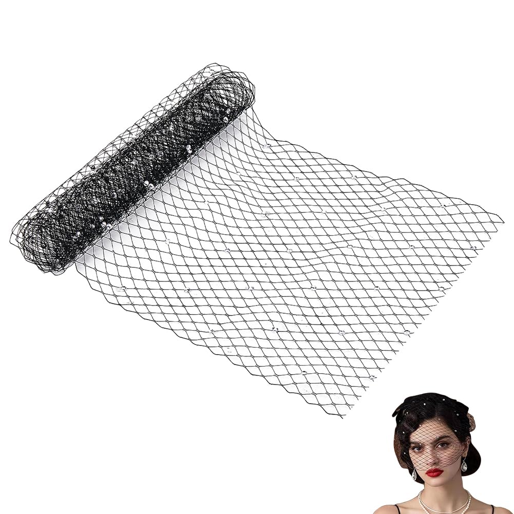 GORGECRAFT 1 Yard Rhinestone Mesh Netting Fabric 21cm Wide Birdcage Bridal Veil French Rhombus Headband Millinery Bride Hair Net Headdress Hat Decoration for Women Girls Wedding Tea Party Black