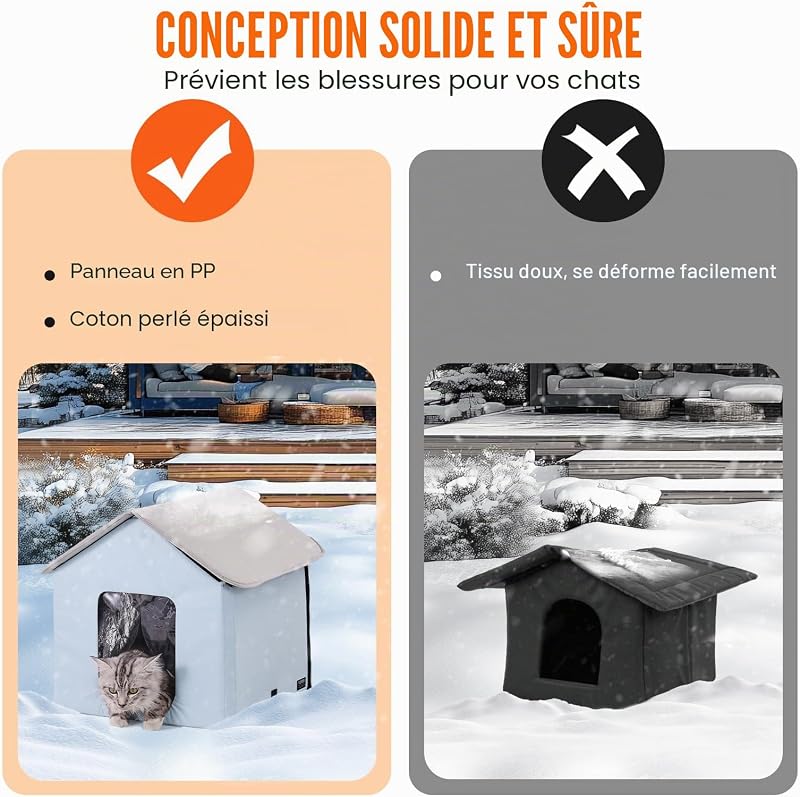 Maison Chat Chauffante, Niche Chat Extérieur avec Coussin Chauffant, Température Réglable, Minuterie, Abri Hiver pour Chats Pliable en Tissu Oxford 600D Confortable pour Rester au Chaud, Bleu, S