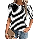 Dokotoo Women's Casual Short Puff Sleeve Crew Neck Striped T Shirts Summer Tops
