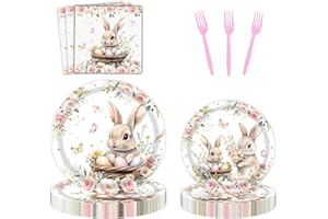 YIQXKOUY 80 Pieces Happy Easter Plates and Napkins Forks Sets, Eggs Themed Round Disposable Tableware for Spring Picnic Bunny