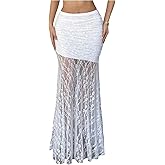 GORGLITTER Women's Floral Lace Sheer Mesh Long Skirt Y2k A Line Low Rise Ruched Flowy Coquette Maxi Skirts