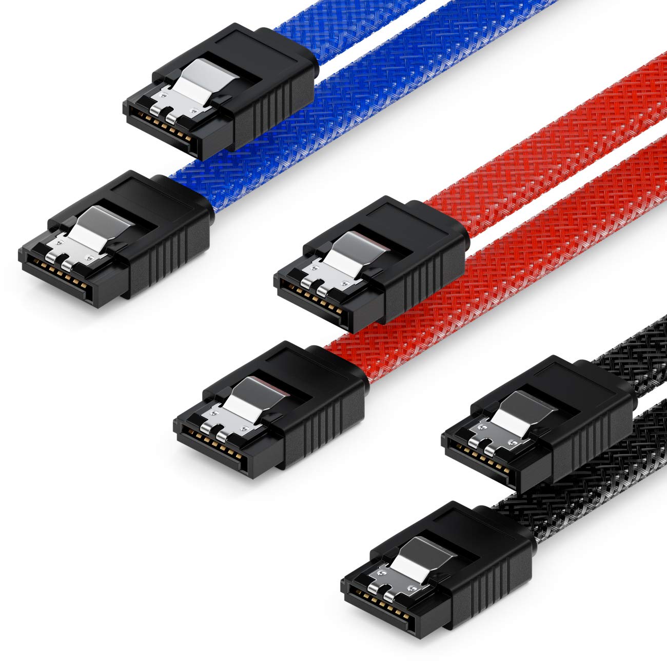deleyCON 3x 50cm (1.64 ft.) SATA 3 Nylon Cable Set Data Cable 6 Gbit/s Connector Connection Cable Main Board HDD SSD Hard Drive 2 S-ATA Connector Straight Black Blue Red