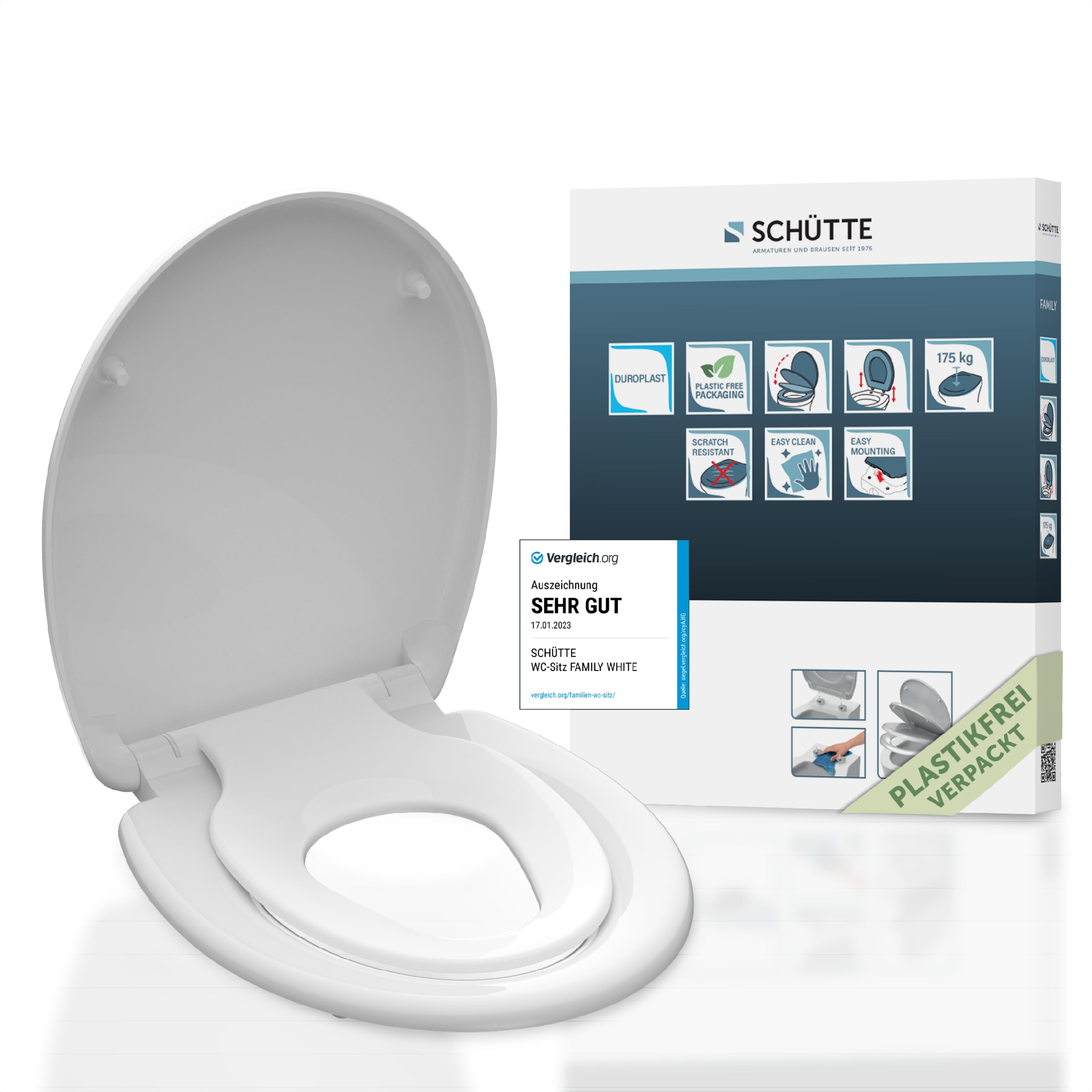 SCHÜTTE Duroplast Family White Toilet Seat with Soft-Close Mechanism and Quick Release, Toilet Seat with Removable Child Seat, Maximum Load 175 kg, White