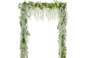 Lvydec Wisteria Artificial Flowers Garland, 4Pcs Total 28.8ft White Artificial Wisteria Vine Silk Hanging Flower for Home Garden Outdoor Ceremony Wedding Arch Floral Decor