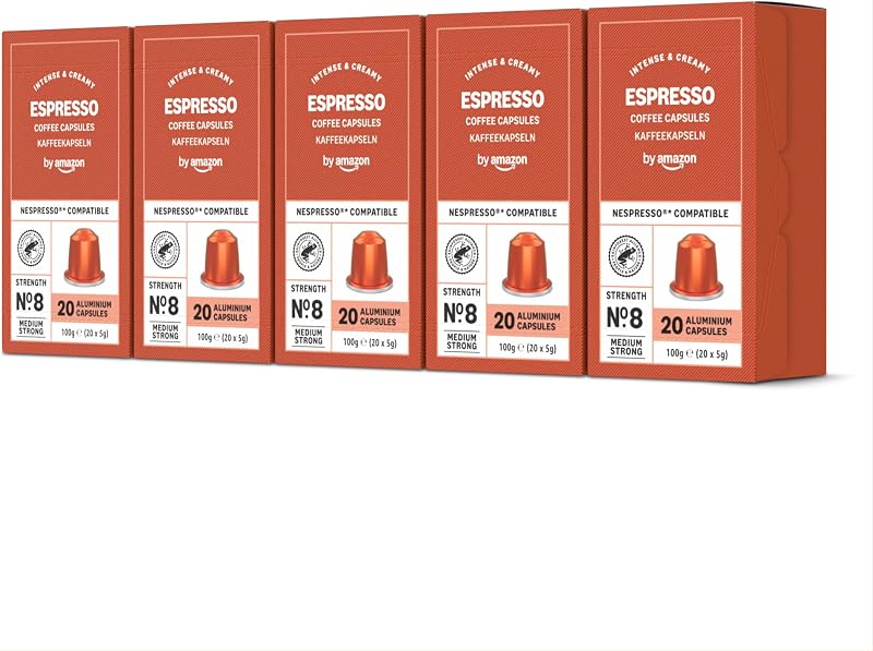 Capsules de café Espresso compatibles avec Nespresso, capsule en aluminium, torréfaction légère, 100 Pièces, 5 lot de 20 - Certifié Rainforest Alliance
