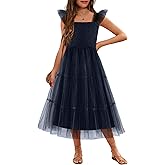 Arshiner Tween Girls Dress Ruffle Sleeve Elastic Straps Smocked A-Line Tulle Summer Long Patry Birthday Sundress