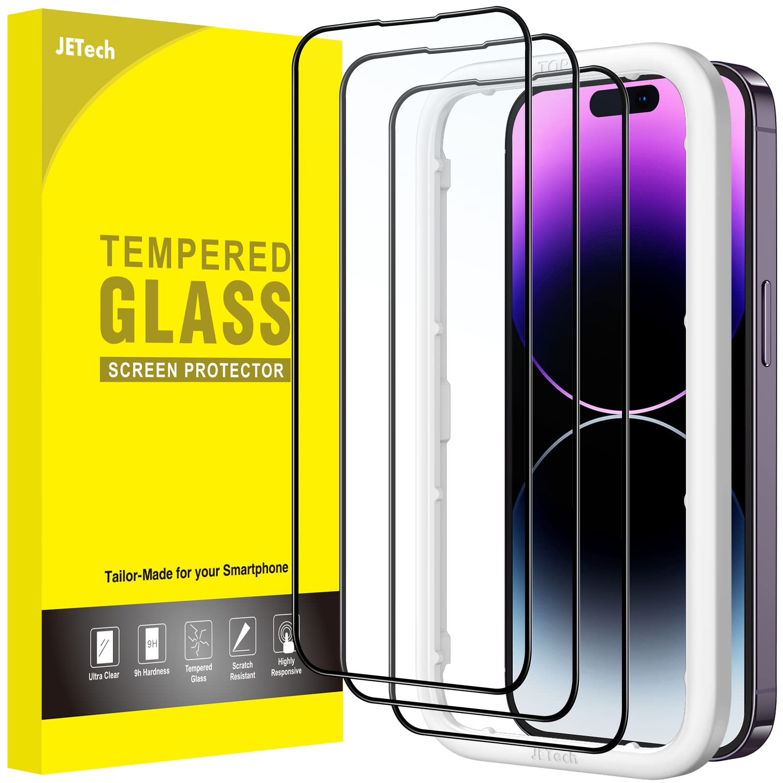 JETech Full Coverage Screen Protector for iPhone 14 Pro 6.1-Inch, Black Edge Tempered Glass Film with Easy Installation Tool, Case-Friendly, HD Clear, 3-Pack — image 1