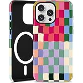 Jusy Compatible with MagSafe Checkerboard Phone Case for iPhone 16 Pro, Cute Aesthetic Checkered Magnetic Soft TPU and Hard PC Protective Phone Cover for Women Girls(Shiny) - Colorful