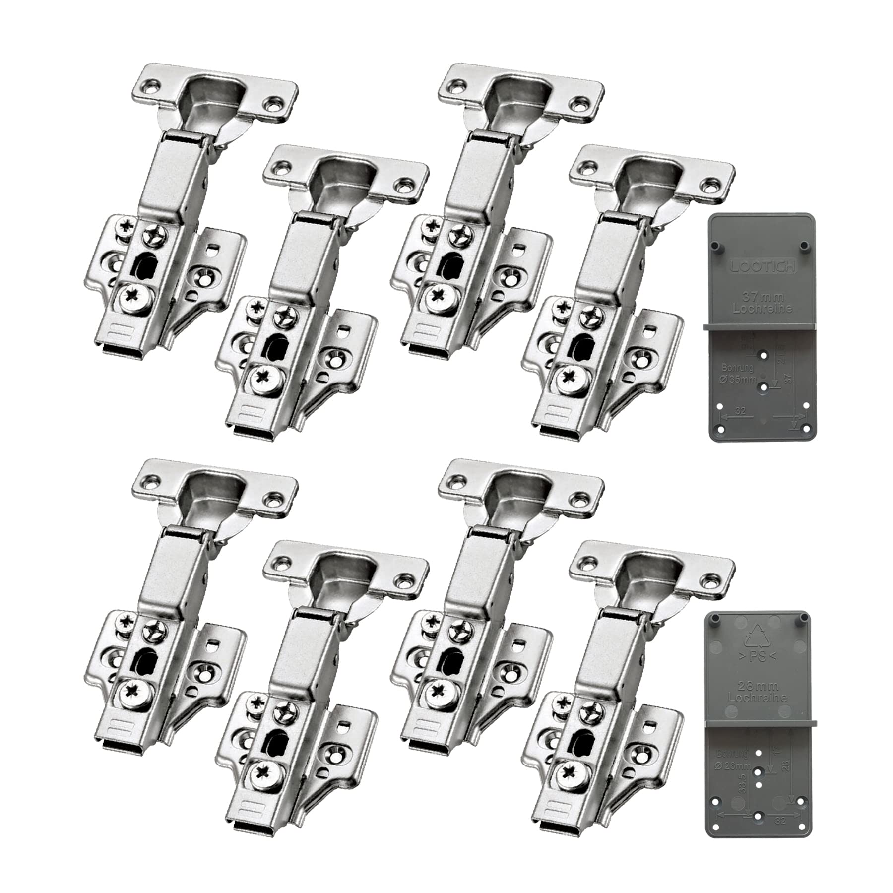 LOOTICH 95 Degree 3-Way Adjustment Clip-on Half Overlay 35mm Soft Close Hinges with Hydraulic Damper for Kitchen Cabinet Cupboard Wardrobe Door Hinges with Drilling Template Pack of 8