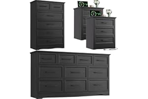 HARPAQ Bedroom Set, 4 Pieces Bedroom Furniture Set, 59"W 10 Drawer Dresser, 44"H 6 Drawer Dresser and 3 Drawers Nightstands with Charging Station, Farmhouse Storage Organizer Cabinet for Bedroom, Black