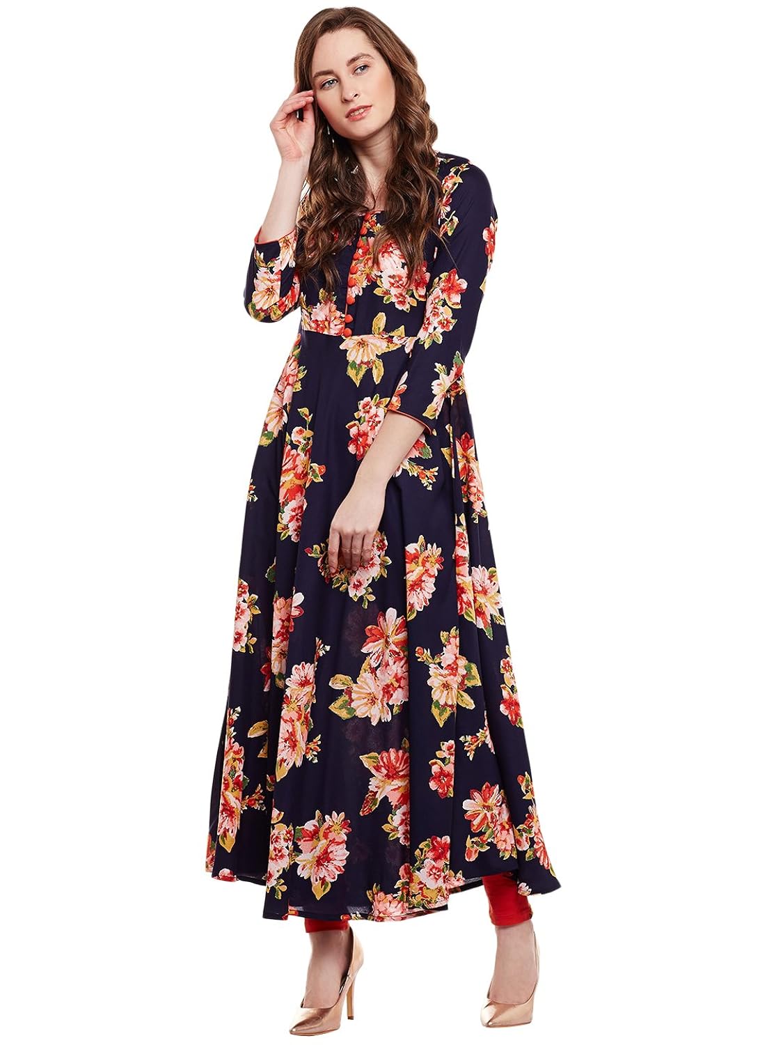 viscose floral printed flared kurta with buttons