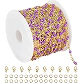 KYUNHOO 5 Meters Gold Stainless Steel Chains for Jewelry Making Purple Enamel Beaded Chain Roll with Lobster Clasps Jump Rings for Crafting Bracelet Choker DIY
