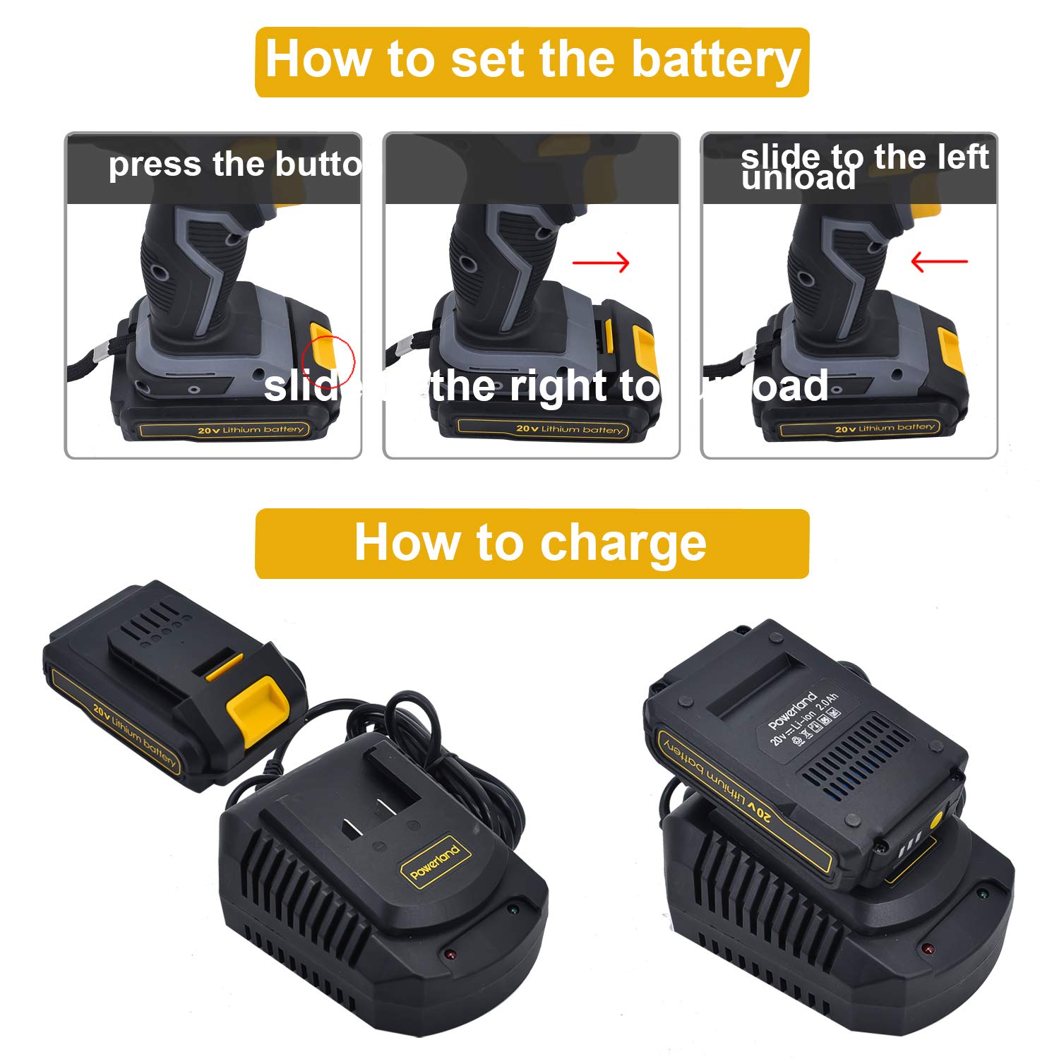 Prowerland D023 20V Batterie puissante d\'ion de Li de tournevis sans fil de conducteur de foret avec le chargeur (D023-N)