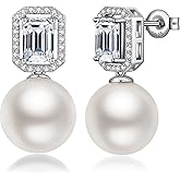 ZDaoBen Elegant Pearl Stud Earrings for Women, 925 Sterling Silver Cubic Zirconia CZ Large Pearl Earring Jewelry 12MM