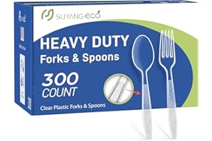 SUYANGECO [300 Count] Plastic Cutlery Set Heavy Duty Clear Disposable Fork And Spoon with Engraved Design - Reusable Bulk Plastic Utensil Durable Cutlery Set Plasticware Silverware for Party,Daily,Picnic,Events